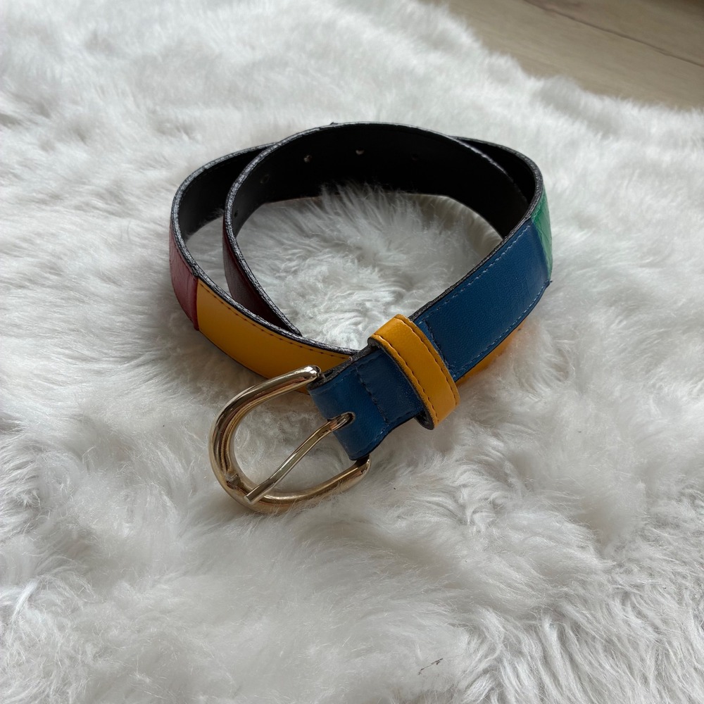 Vintage A. Brod Color Block 90s Belt Multi-Color Gold Buckle Made in USA 7550 M